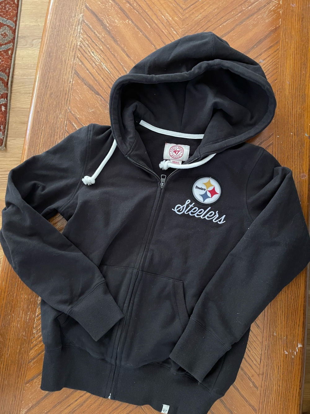 47 Black Pittsburgh Steelers Zip-Up Hoodie with White Drawcords